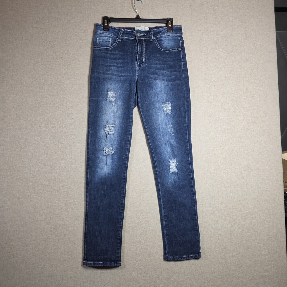 L & B Lucky & Blessed Stretchy Distressed Denim Blue Jeans Sz 6 Momcore Grunge
